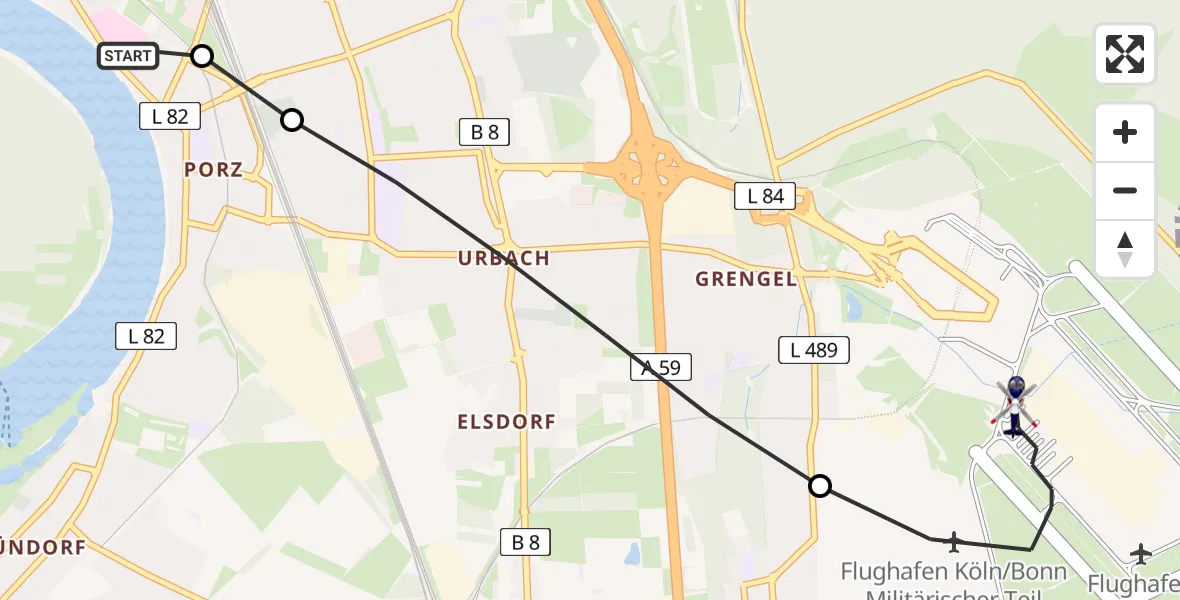 Flugroute Polizeihubschrauber Porz am Rhein Hospital - Köln Bonn Flughafen, 14 Juli 2026, 15:30