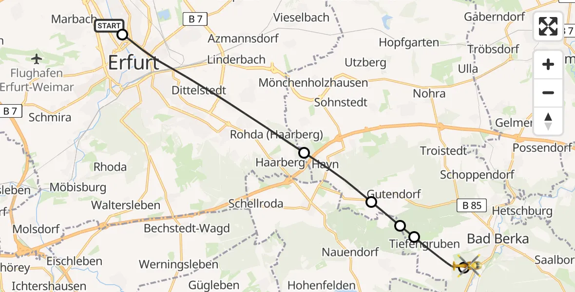 Flugroute Ambulanzhubschrauber Helios Clinic Erfurt - DRF Rettungsstation Bad Berka Hubschrauberlandeplatz, 14 Juli 2026, 15:37
