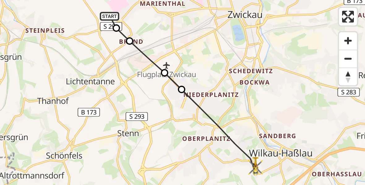 Flugroute Rettungshubschrauber ADAC Air Rescue Station Zwickau Hubschrauberlandeplatz - Zwickau, 14 Juli 2026, 15:38
