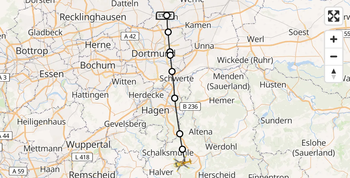 Flugroute Rettungshubschrauber Sankt Marien Hospital - Lüdenscheid, 14 Juli 2026, 15:40