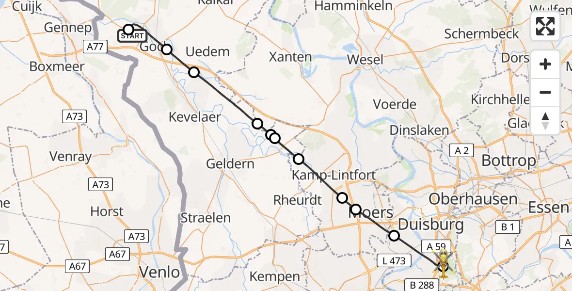 Flugroute Rettungshubschrauber Goch-Asperden Flugplatz - Duisburg Air Rescue Hubschrauberlandeplatz (Christoph 9), 14 Juli 2026, 15:39