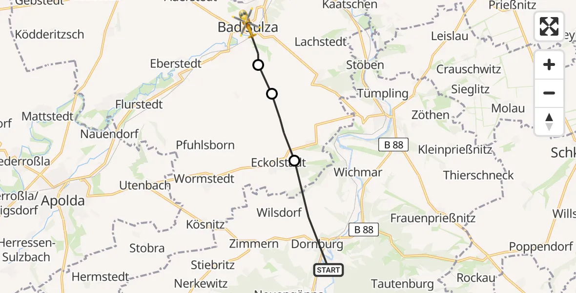 Flugroute Rettungshubschrauber Dornburg-Camburg - Bad Sulza, 14 Juli 2026, 15:44