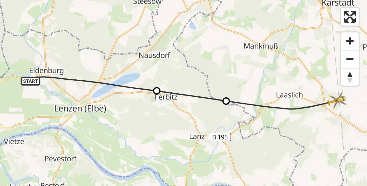 Flugroute Rettungshubschrauber Lenzen (Elbe) - Perleberg, 14 Juli 2026, 15:45