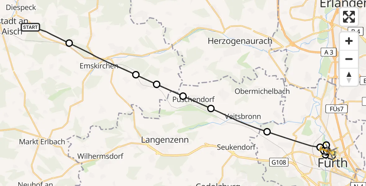 Flugroute Ambulanzhubschrauber Neustadt a.d.Aisch - Fürth, 14 Juli 2026, 15:47