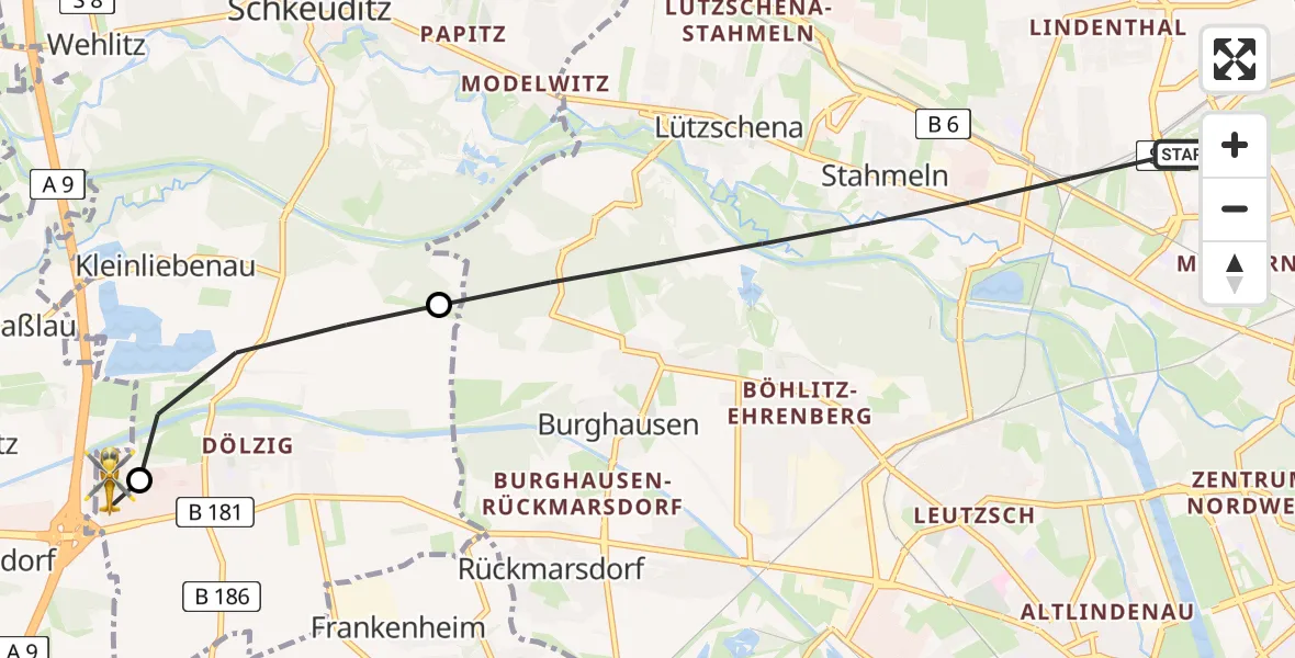 Flugroute Rettungshubschrauber Leipzig - ADAC Air Rescue Station Leipzig/Schkeuditz-Dölzig Hubschrauberlandeplatz (Christoph 61), 14 Juli 2026, 15:47