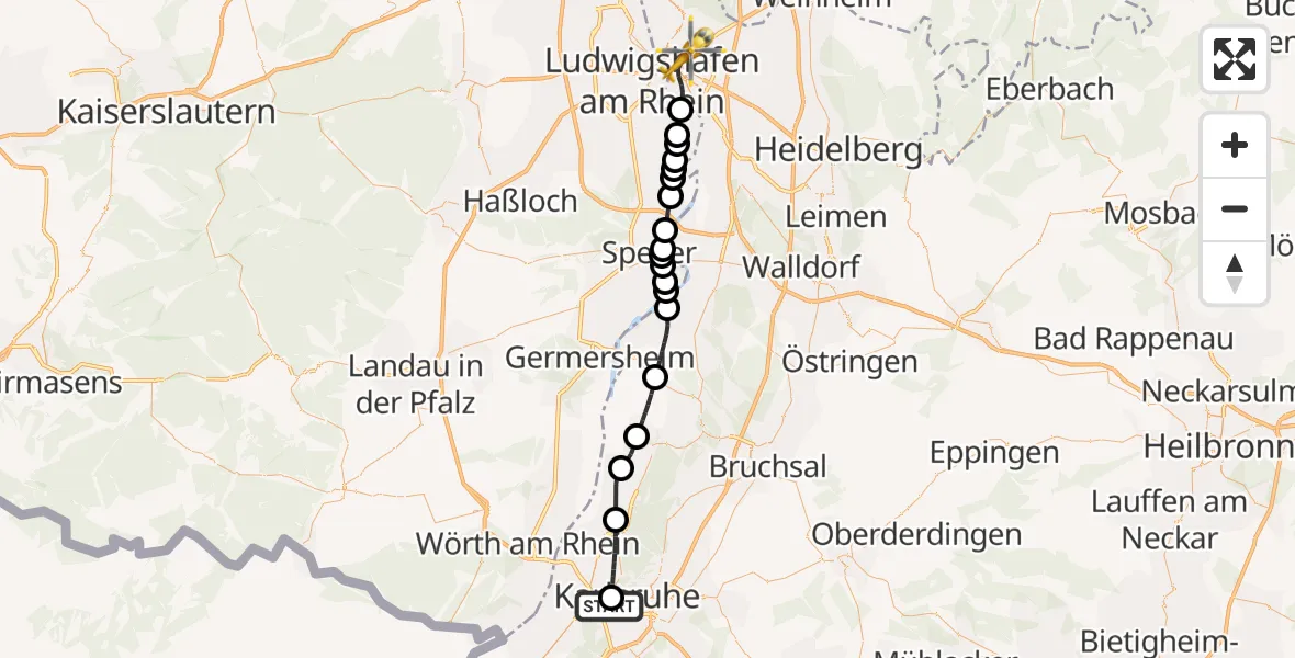 Flugroute Ambulanzhubschrauber Sankt Vincentius Hospital - Mannheim, 14 Juli 2026, 15:58