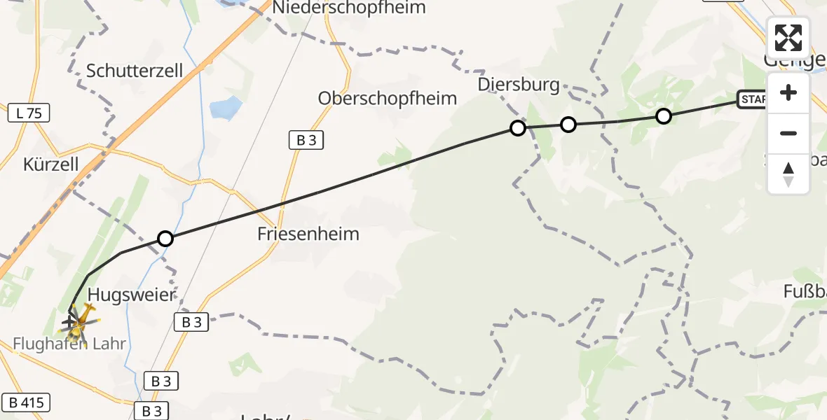 Flugroute Rettungshubschrauber Gengenbach - Lahr Flughafen, 14 Juli 2026, 15:59