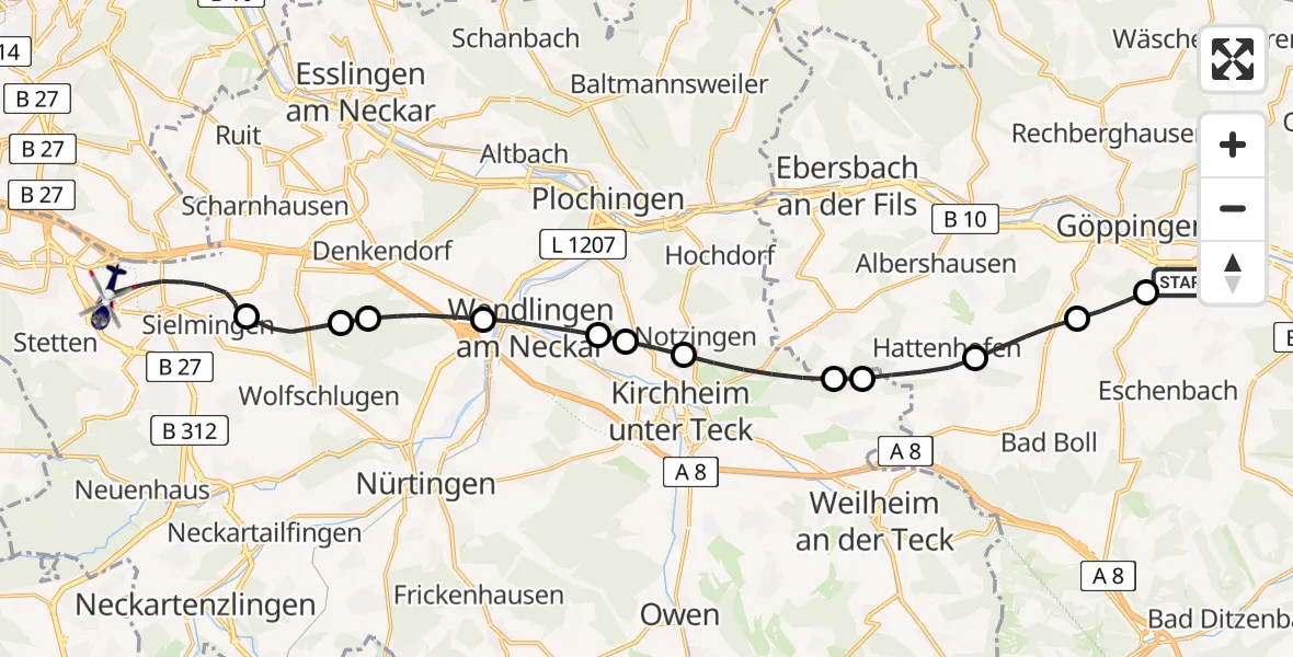 Flugroute Polizeihubschrauber Göppingen - Flughafen Stuttgart, 14 Juli 2026, 16:02