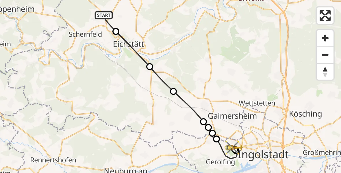 Flugroute Rettungshubschrauber Schernfeld - Ingolstadt Hospital, 14 Juli 2026, 16:02