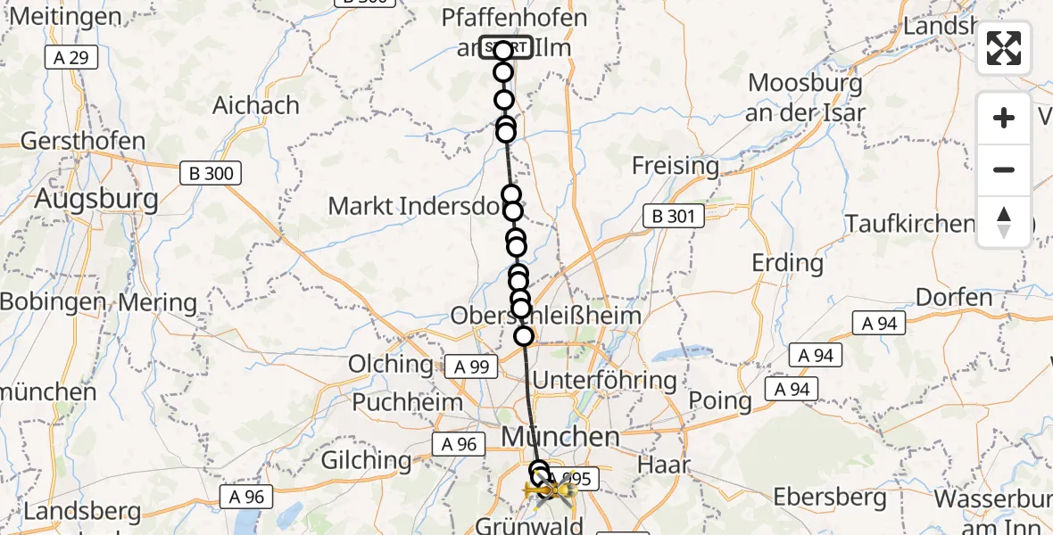 Flugroute Rettungshubschrauber Ilmtal Hospital Pfaffenhofen - ADAC Air Rescue Center Hubschrauberlandeplatz (Christoph 1), 14 Juli 2026, 16:10