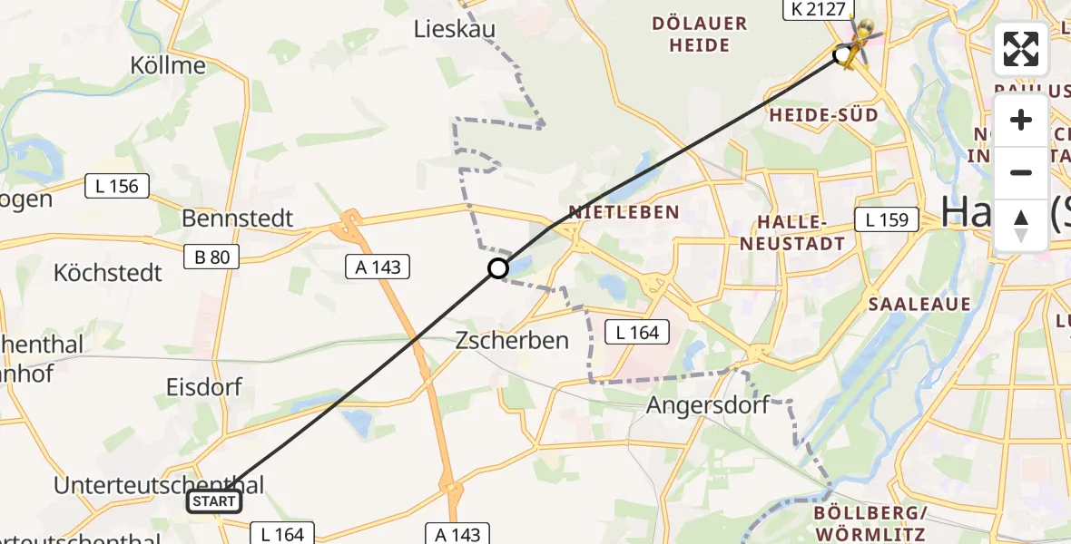Flugroute Rettungshubschrauber Teutschenthal - Halle (Saale) University Hospital, 14 Juli 2026, 16:14
