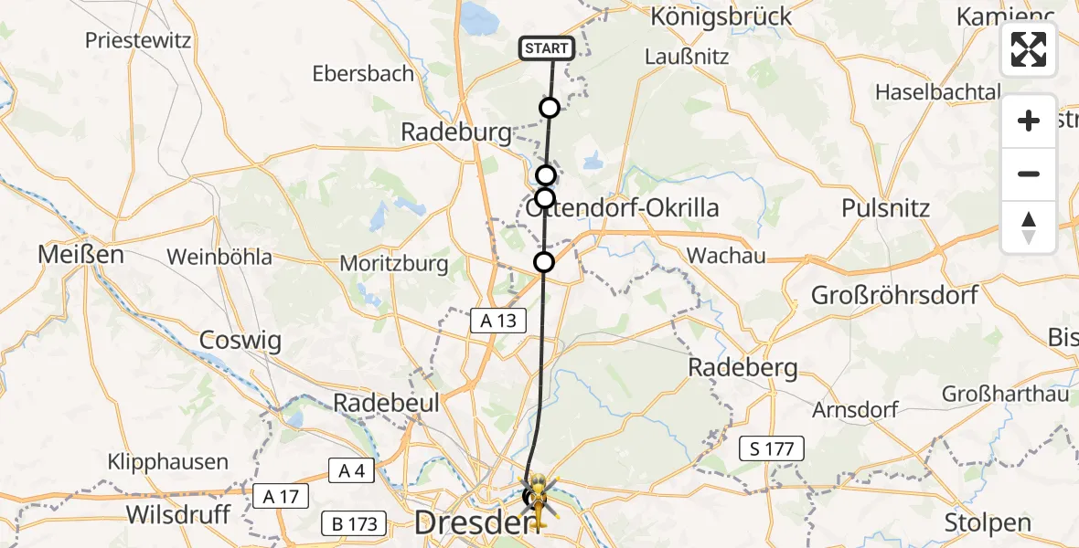 Flugroute Rettungshubschrauber Thiendorf - Dresden University Hospital, 14 Juli 2026, 16:13