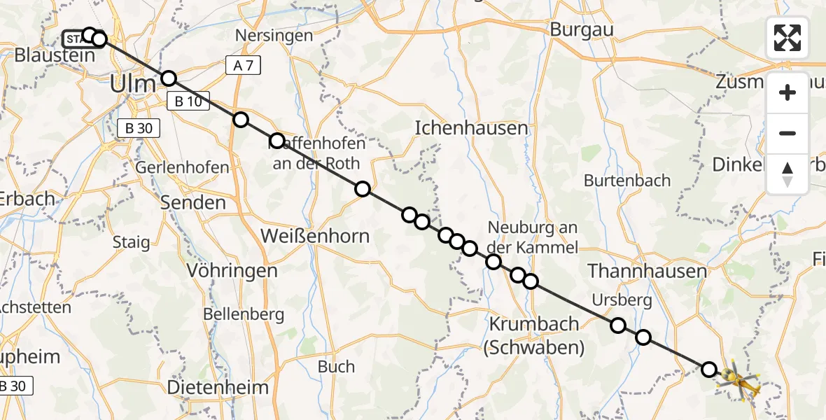 Flugroute Rettungshubschrauber Ulm Military Hospital Emergency - Aichen, 14 Juli 2026, 16:19