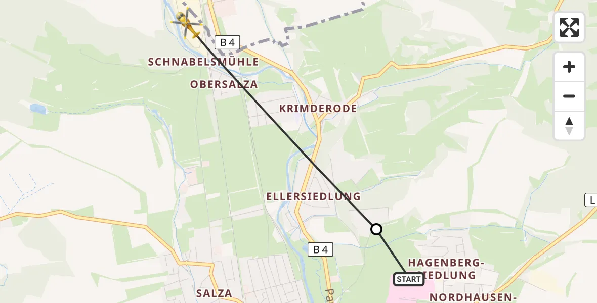 Flugroute Rettungshubschrauber Südharz Hospital Nordhausen - Nordhausen, 14 Juli 2026, 16:21