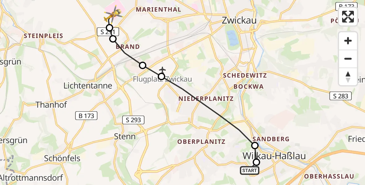 Flugroute Rettungshubschrauber Zwickau - ADAC Air Rescue Station Zwickau Hubschrauberlandeplatz, 14 Juli 2026, 16:24