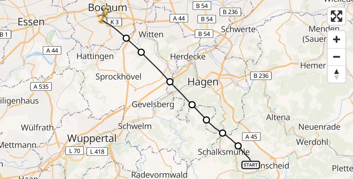 Flugroute Rettungshubschrauber Lüdenscheid - Bochum, 14 Juli 2026, 16:26