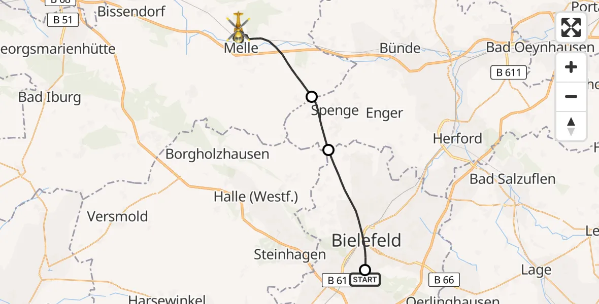 Flugroute Rettungshubschrauber Luftrettungszentrum Bielefeld - Melle, 14 Juli 2026, 16:27