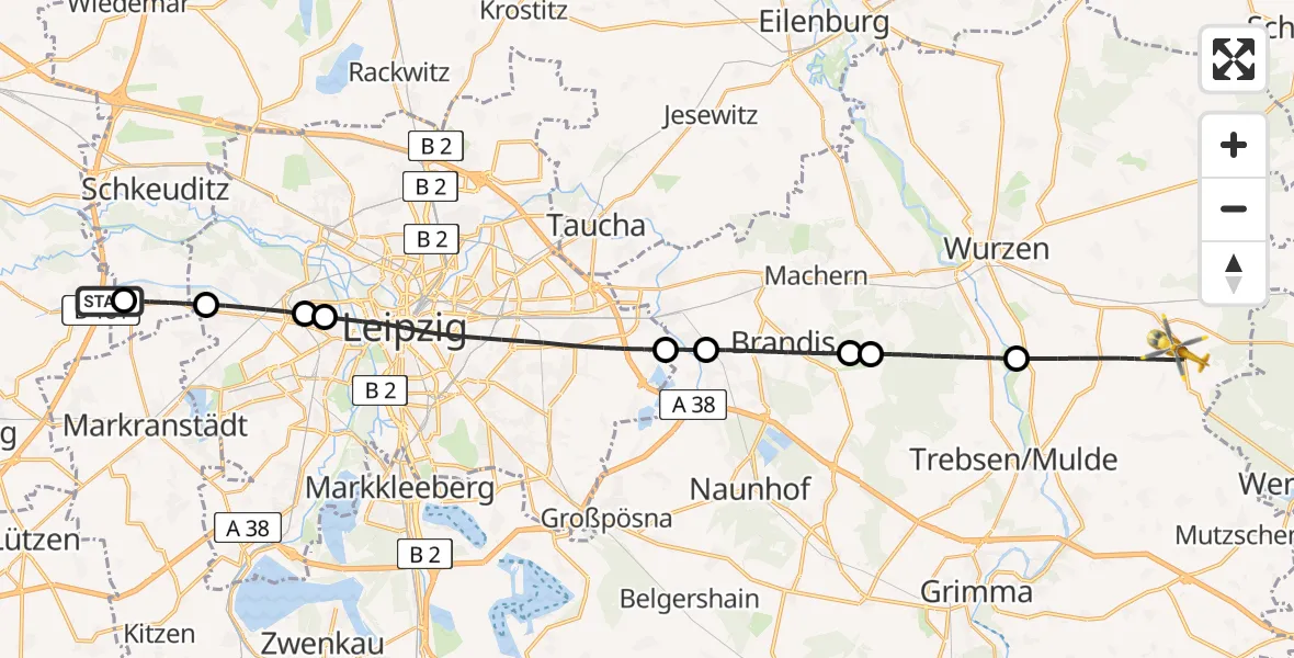 Flugroute Rettungshubschrauber ADAC Air Rescue Station Leipzig/Schkeuditz-Dölzig Hubschrauberlandeplatz (Christoph 61) - Wurzen, 14 Juli 2026, 16:29