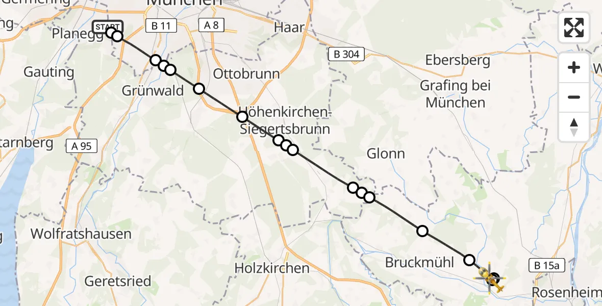 Flugroute Rettungshubschrauber DRF Air Rescue München Hubschrauberlandeplatz - RoMed Hospital Bad Aibling, 14 Juli 2026, 16:31