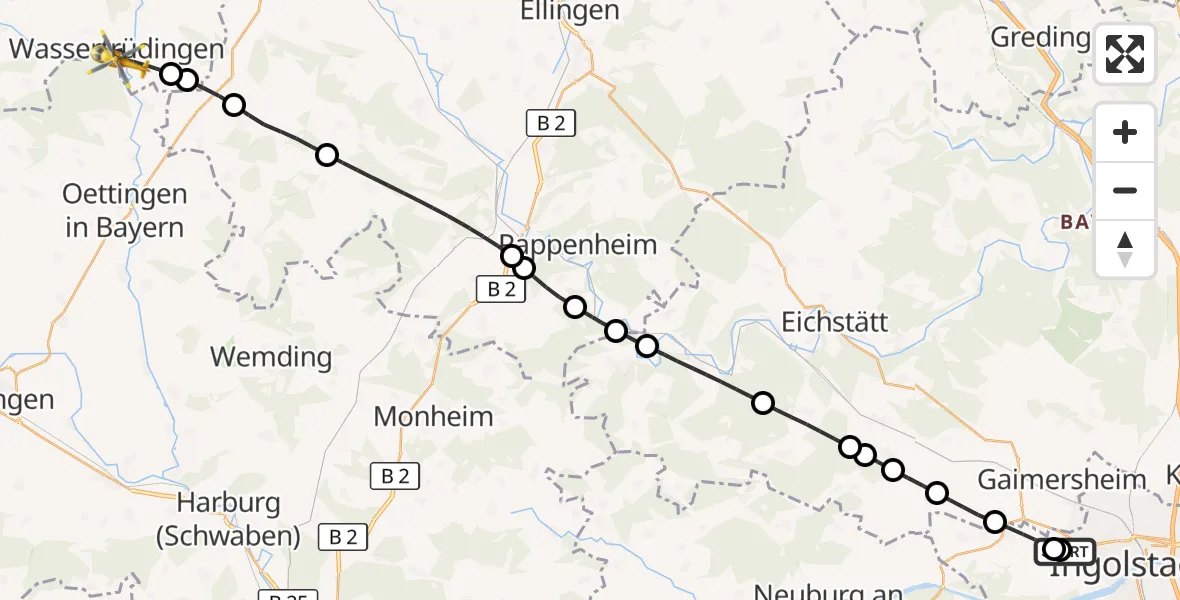 Flugroute Rettungshubschrauber Ingolstadt Hospital - Wassertrüdingen, 14 Juli 2026, 16:31