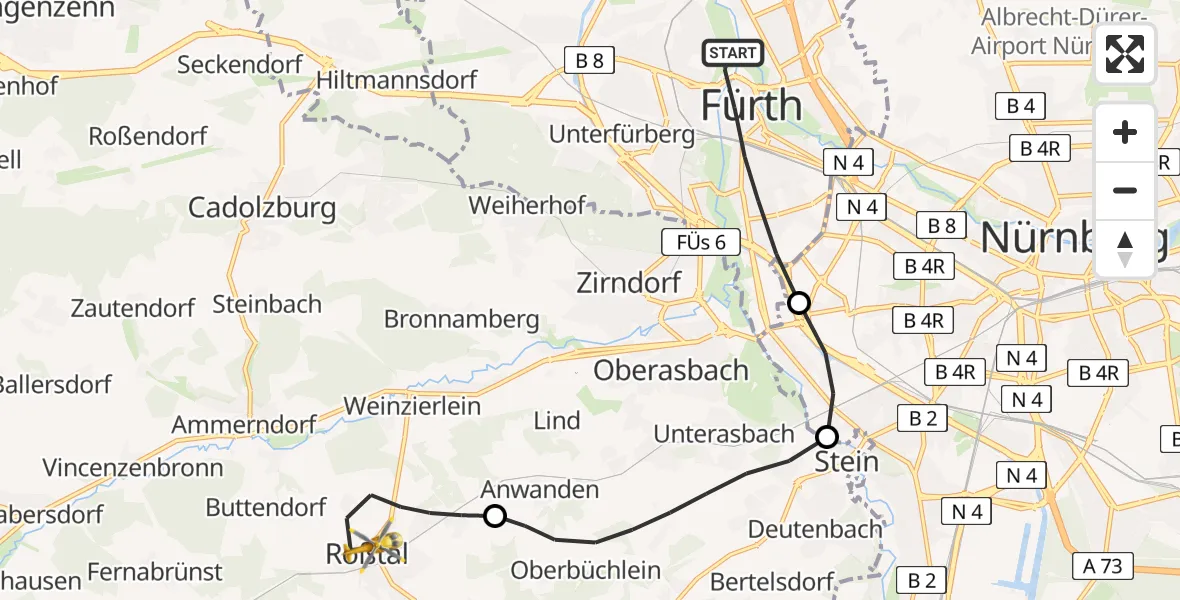 Flugroute Ambulanzhubschrauber Fürth - Roßtal, 14 Juli 2026, 16:37