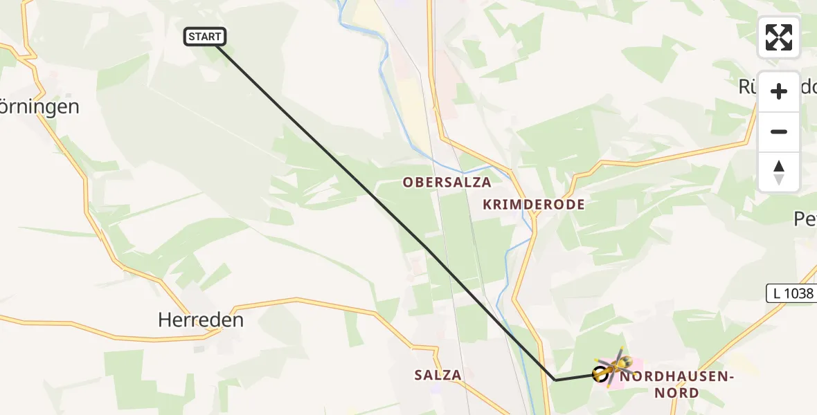 Flugroute Rettungshubschrauber Nordhausen - Südharz Hospital Nordhausen, 14 Juli 2026, 16:50