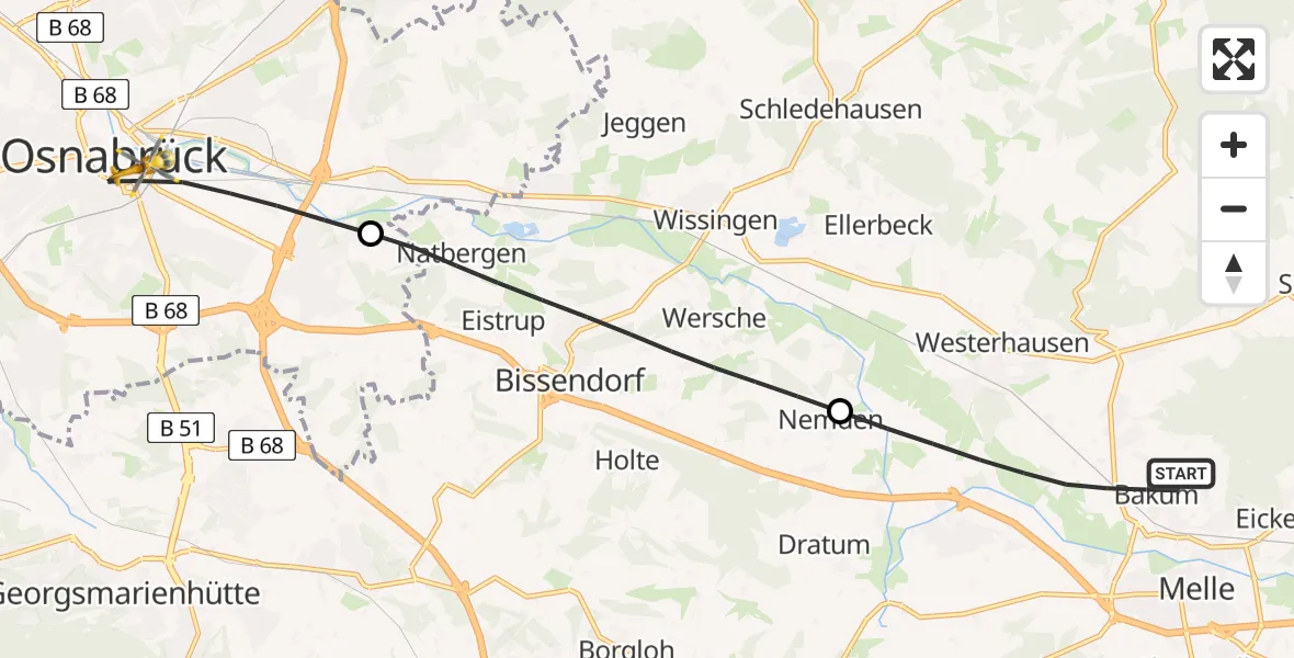 Flugroute Rettungshubschrauber Melle - Osnabrück, 14 Juli 2026, 17:02