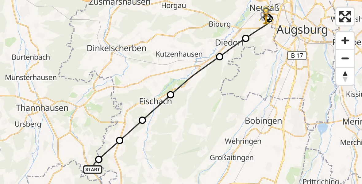 Flugroute Rettungshubschrauber Aichen - Augsburg University Hospital, 14 Juli 2026, 17:07