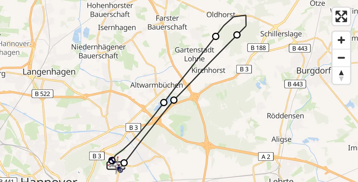 Flugroute Polizeihubschrauber Hannover Luftrettung Hubschrauberlandeplatz (Christoph 4) - Hannover Luftrettung Hubschrauberlandeplatz (Christoph 4), 14 Juli 2026, 17:17