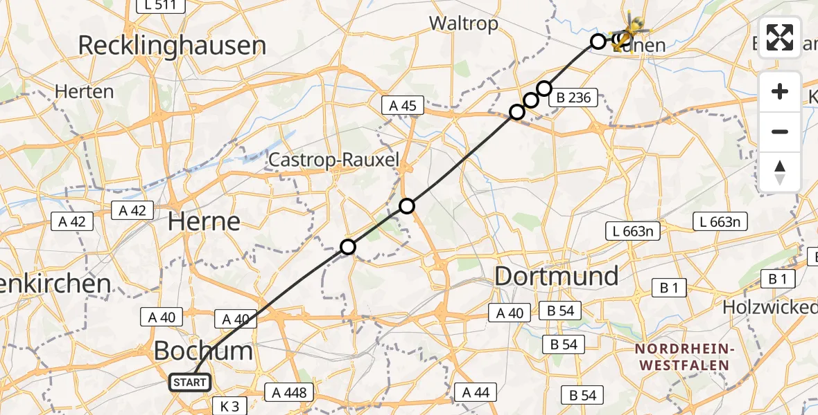 Flugroute Rettungshubschrauber Bochum - Sankt Marien Hospital, 14 Juli 2026, 17:18
