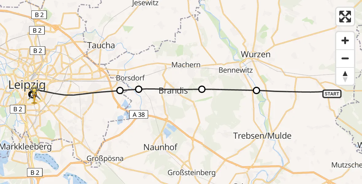 Flugroute Rettungshubschrauber Wurzen - Leipzig University Hospital Heliport 1, 14 Juli 2026, 17:20