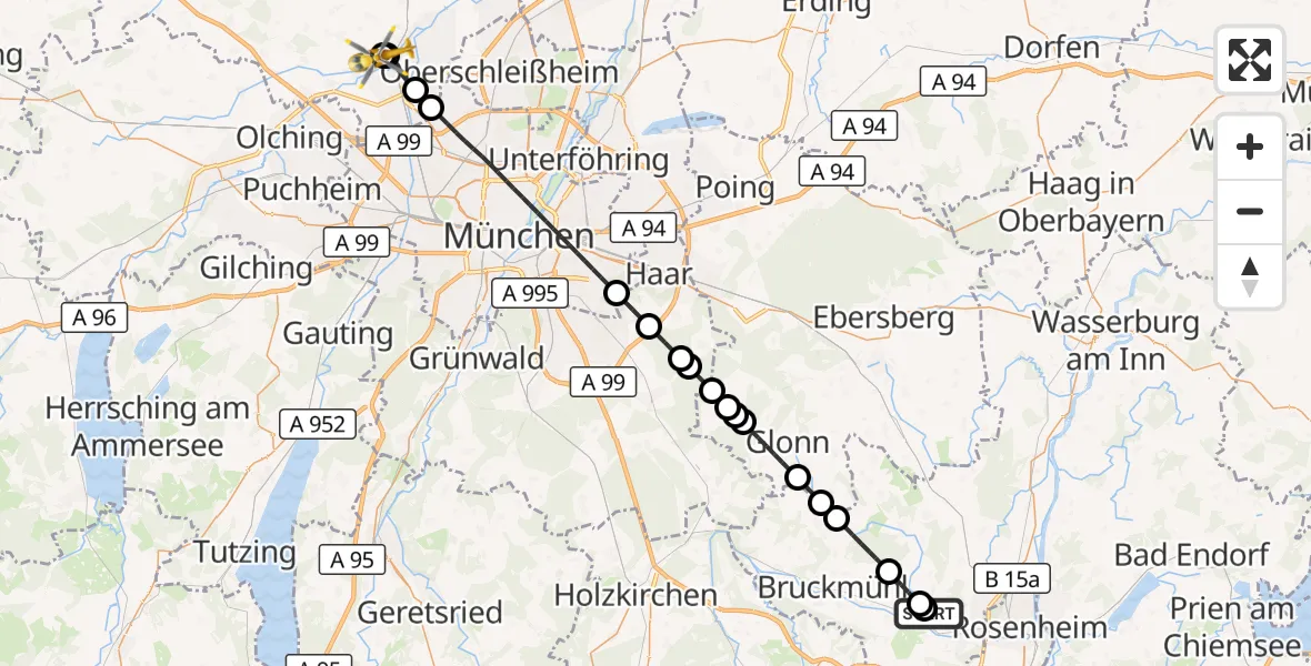 Flugroute Rettungshubschrauber RoMed Hospital Bad Aibling - Helios Clinic Dachau, 14 Juli 2026, 17:21