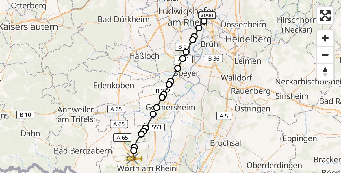 Flugroute Rettungshubschrauber Mannheim-City Flughafen - Kandel, 14 Juli 2026, 17:22