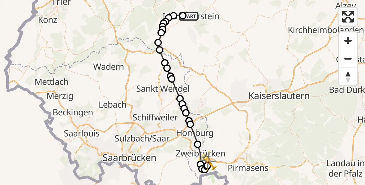 Flugroute Ambulanzhubschrauber Idar-Oberstein - Contwig, 14 Juli 2026, 17:28