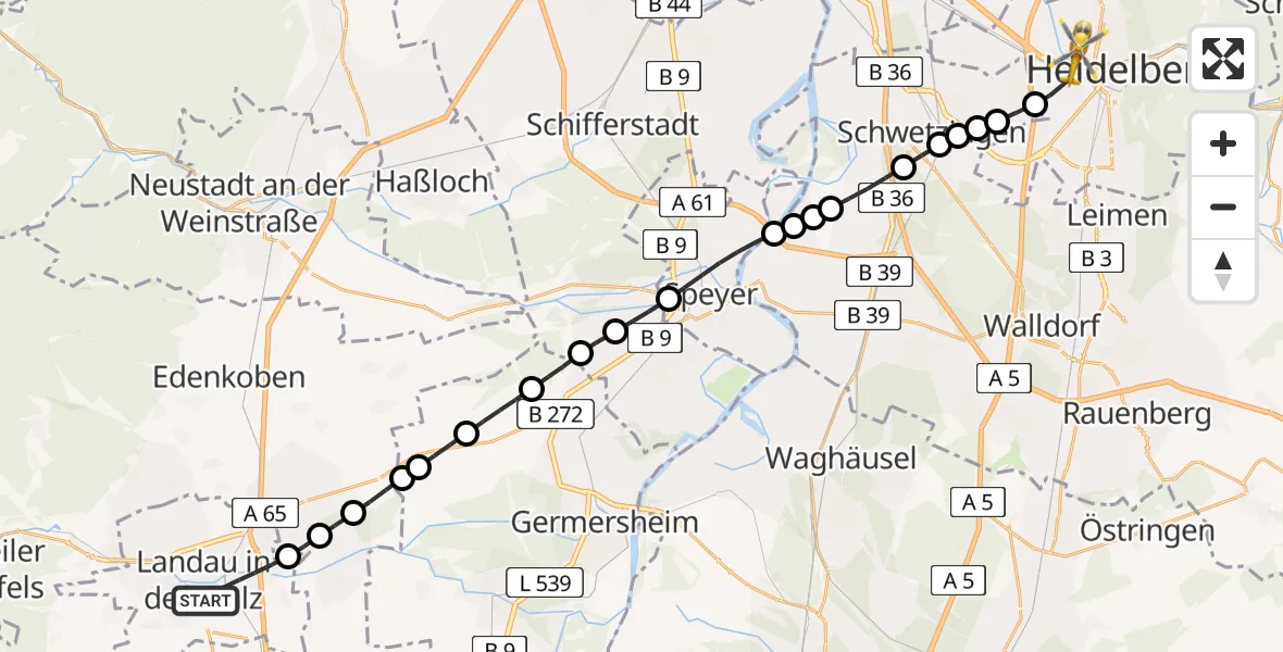 Flugroute Rettungshubschrauber Landau in der Pfalz - Heidelberg, 14 Juli 2026, 17:28