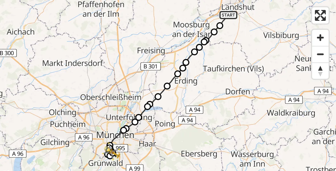 Flugroute Rettungshubschrauber Tiefenbach - ADAC Air Rescue Center Hubschrauberlandeplatz (Christoph 1), 14 Juli 2026, 17:29