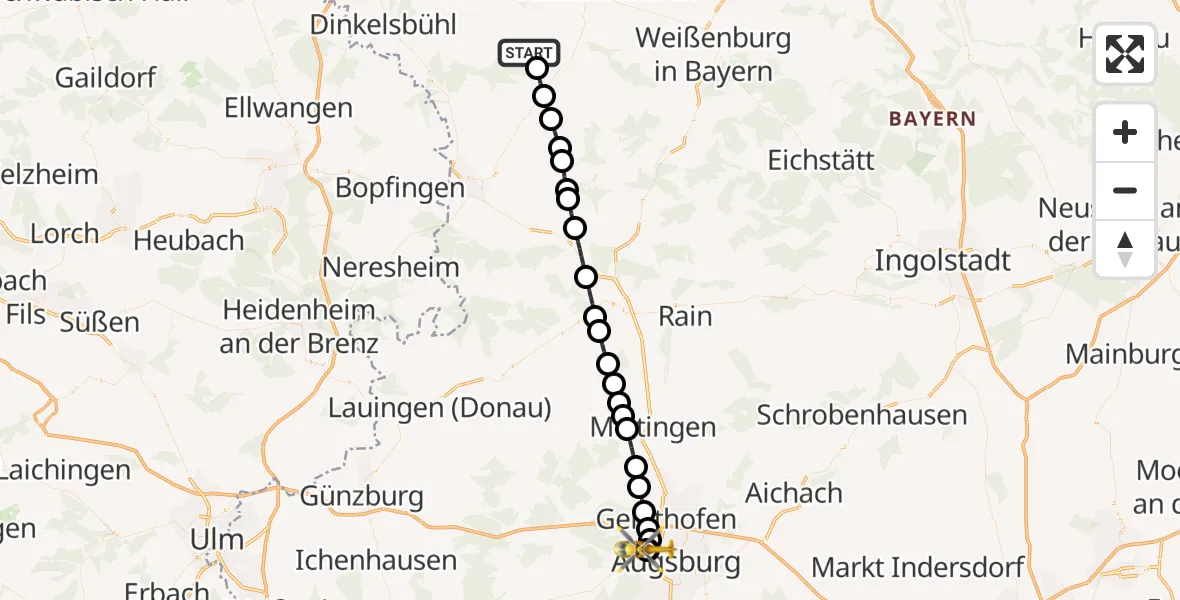 Flugroute Rettungshubschrauber Wassertrüdingen - Augsburg University Hospital, 14 Juli 2026, 17:31