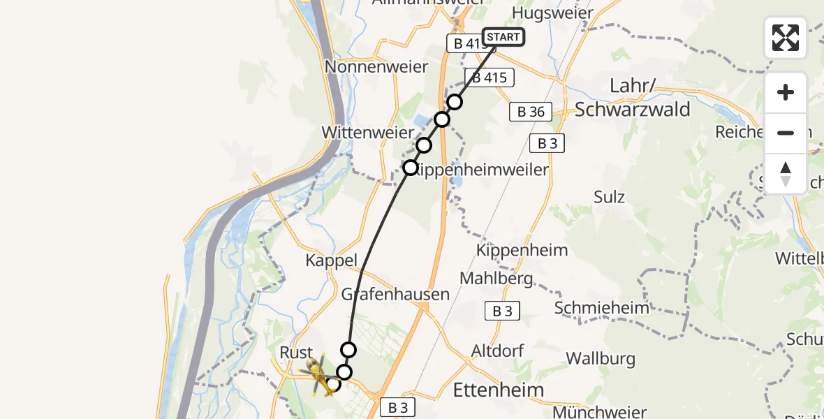 Flugroute Rettungshubschrauber Lahr/Schwarzwald - Rust, 14 Juli 2026, 17:35