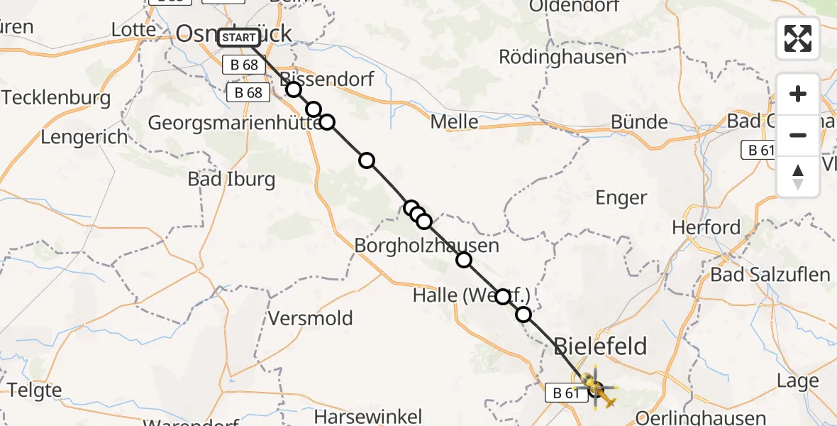 Flugroute Rettungshubschrauber Osnabrück - Luftrettungszentrum Bielefeld, 14 Juli 2026, 17:42