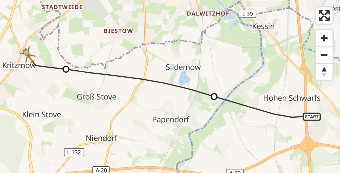 Flugroute Ambulanzhubschrauber Dummerstorf - Kritzmow, 14 Juli 2026, 17:44