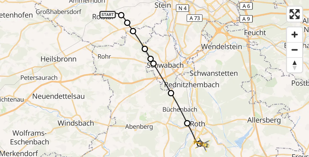 Flugroute Ambulanzhubschrauber Roßtal - Flugplatz Roth, 14 Juli 2026, 17:51