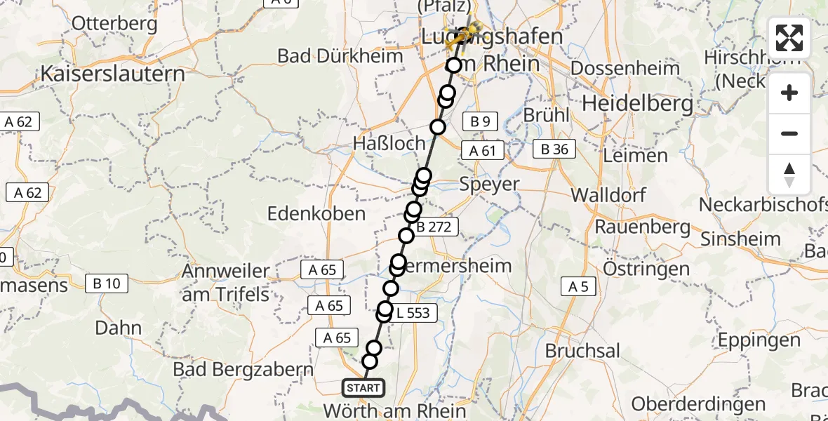 Flugroute Rettungshubschrauber Kandel - Ludwigshafen Accident Hospital, 14 Juli 2026, 17:53