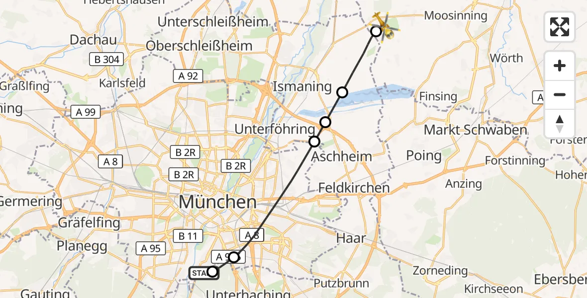 Flugroute Rettungshubschrauber ADAC Air Rescue Center Hubschrauberlandeplatz (Christoph 1) - Moosinning, 14 Juli 2026, 17:54