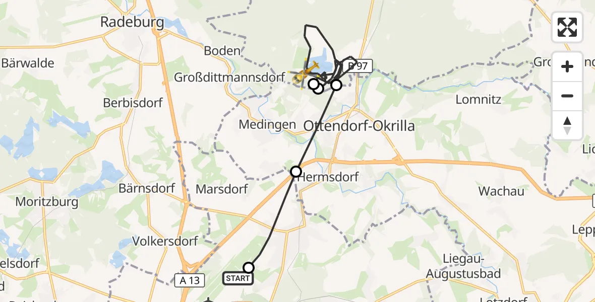 Flugroute Rettungshubschrauber Dresden Bundespolizei Hubschrauberlandeplatz - Laußnitz, 14 Juli 2026, 17:56