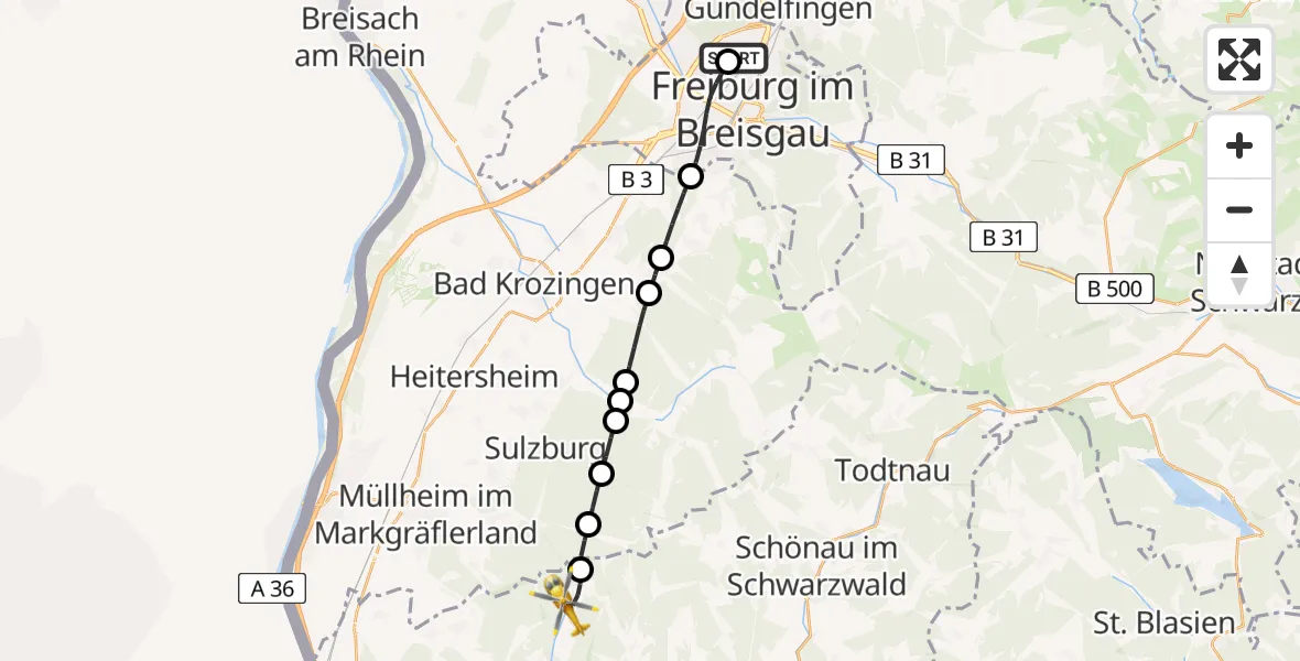 Flugroute Ambulanzhubschrauber Freiburg im Breisgau Flugplatz - Malsburg-Marzell, 14 Juli 2026, 17:56