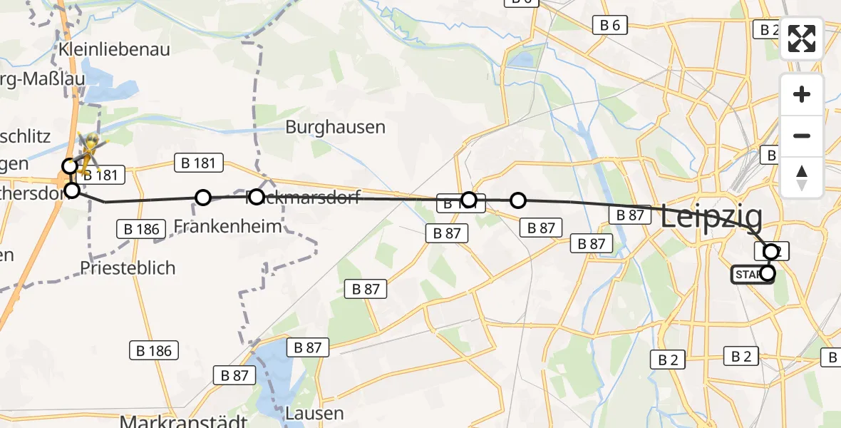 Flugroute Rettungshubschrauber Leipzig University Hospital Heliport 1 - ADAC Air Rescue Station Leipzig/Schkeuditz-Dölzig Hubschrauberlandeplatz (Christoph 61), 14 Juli 2026, 17:58