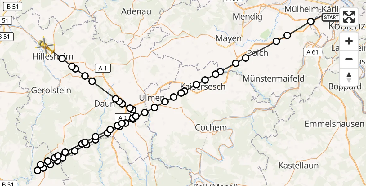 Flugroute Rettungshubschrauber Koblenz - Hillesheim, 14 Juli 2026, 18:18