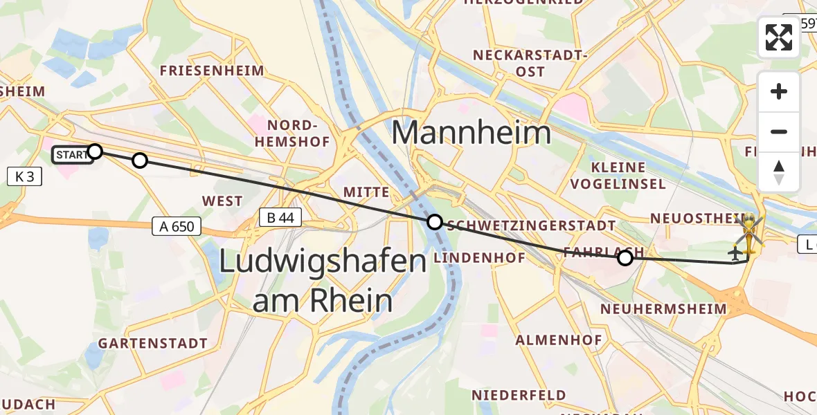 Flugroute Rettungshubschrauber Ludwigshafen Accident Hospital - Mannheim-City Flughafen, 14 Juli 2026, 18:20