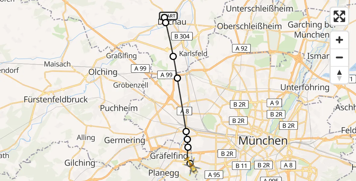Flugroute Rettungshubschrauber Helios Clinic Dachau - DRF Air Rescue München Hubschrauberlandeplatz, 14 Juli 2026, 18:20