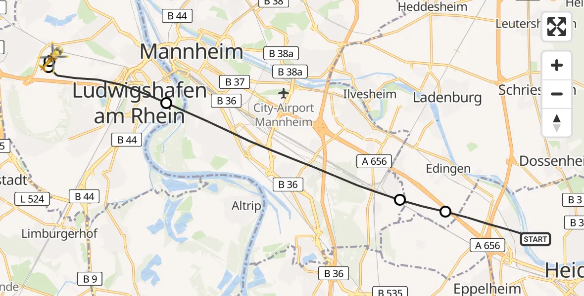 Flugroute Rettungshubschrauber Heidelberg - Ludwigshafen Accident Hospital, 14 Juli 2026, 18:21